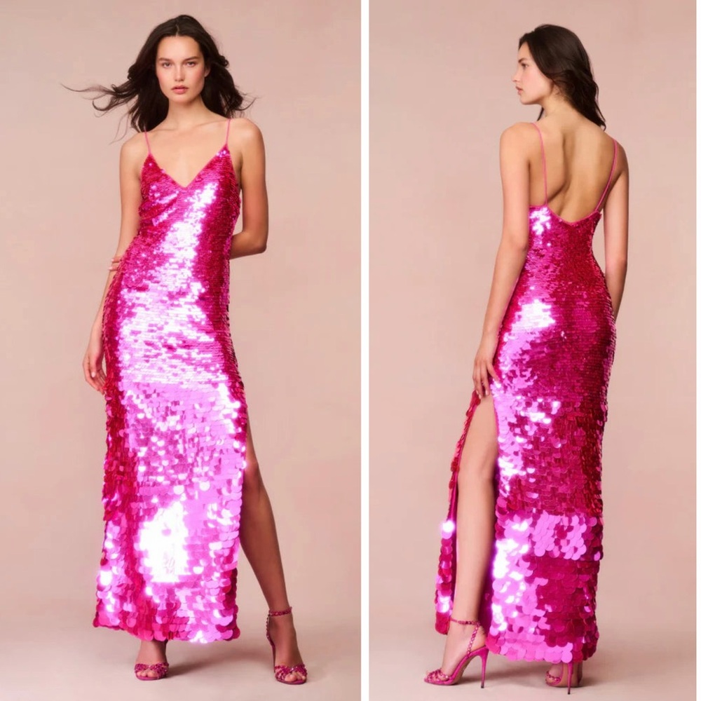 LOVESHACKFANCY Kaylen Sequined Palettes
Embellished Pink Maxi Gown Evening Gown